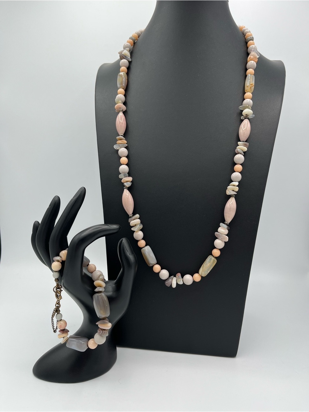 Vintage Miriam Haskell 1960s Gray Shell‑Pink Glass Stone Necklace Bracelet Set